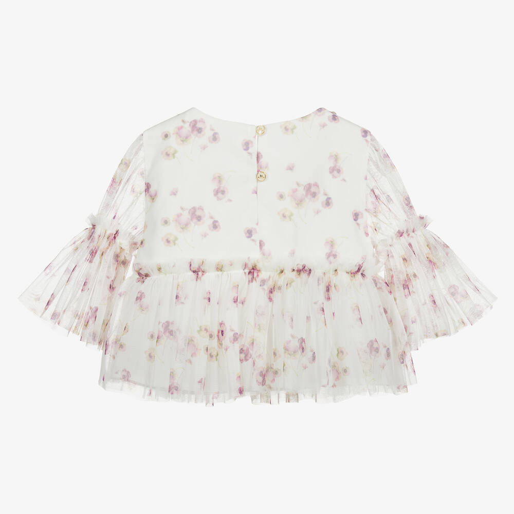 Junona-White Floral Tulle Blouse | Childrensalon Outlet