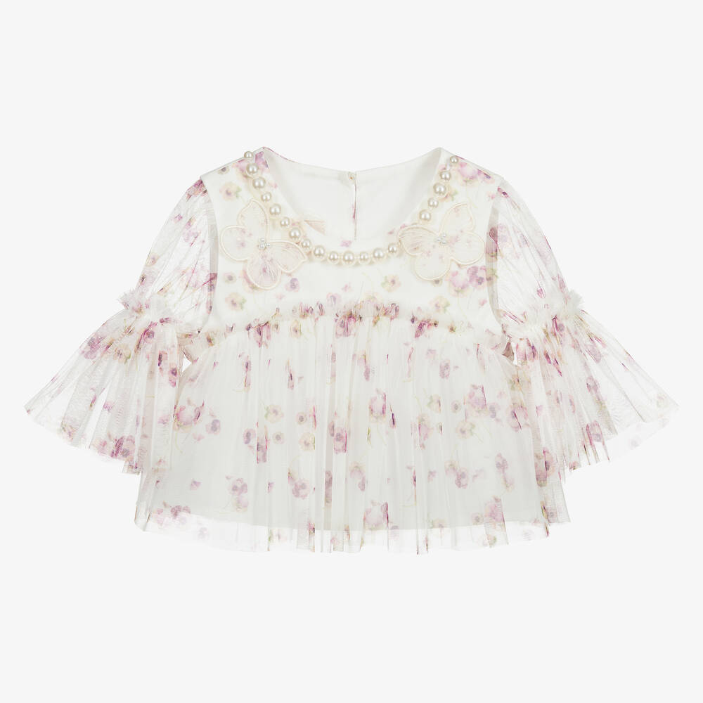 Junona-White Floral Tulle Blouse | Childrensalon Outlet
