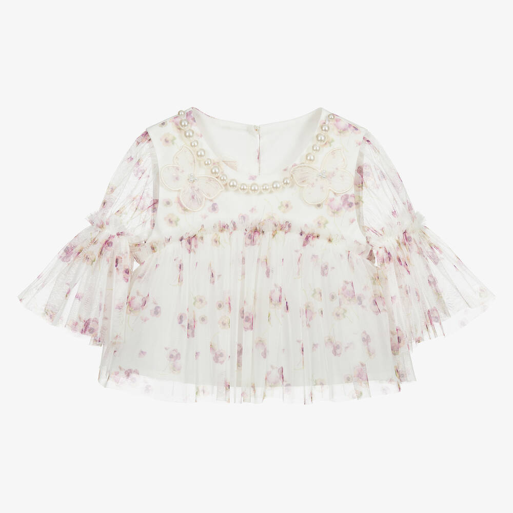 Junona - Blouse blanche fleurie en tulle | Childrensalon