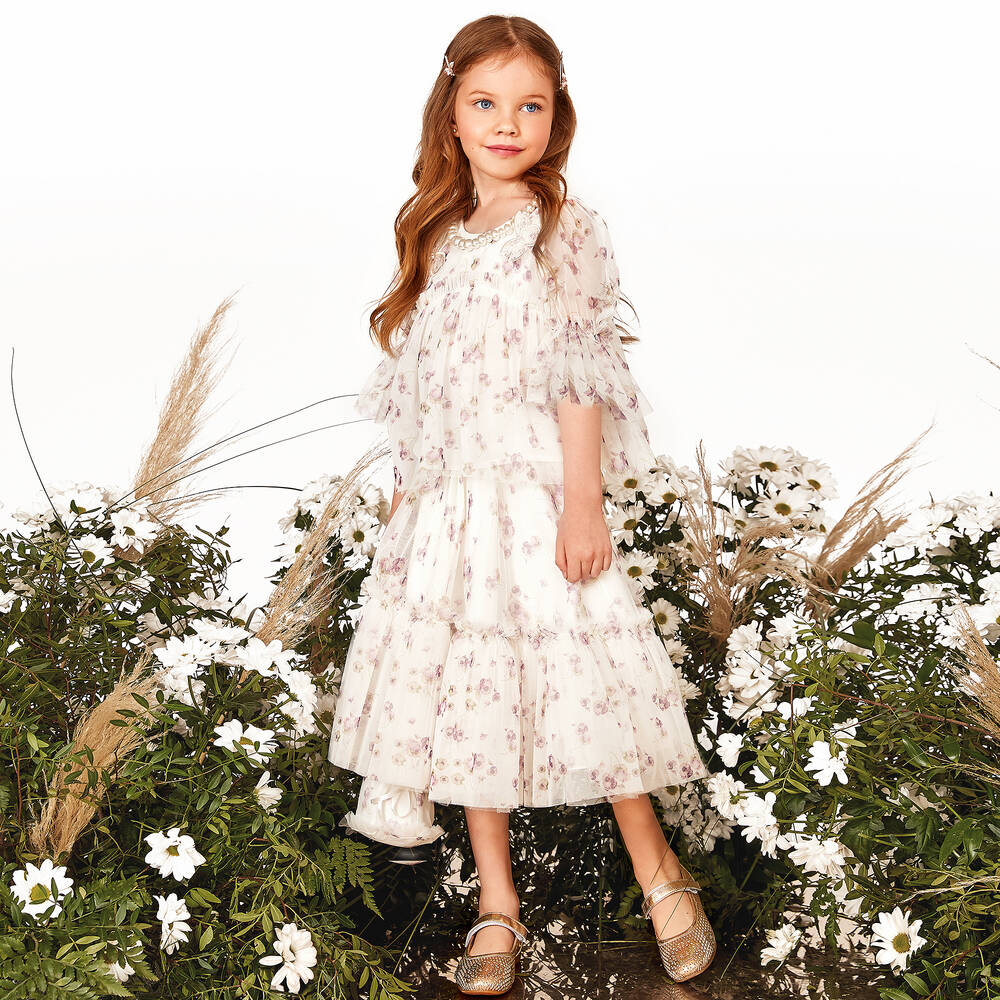 Junona-White Floral Tulle Blouse | Childrensalon Outlet