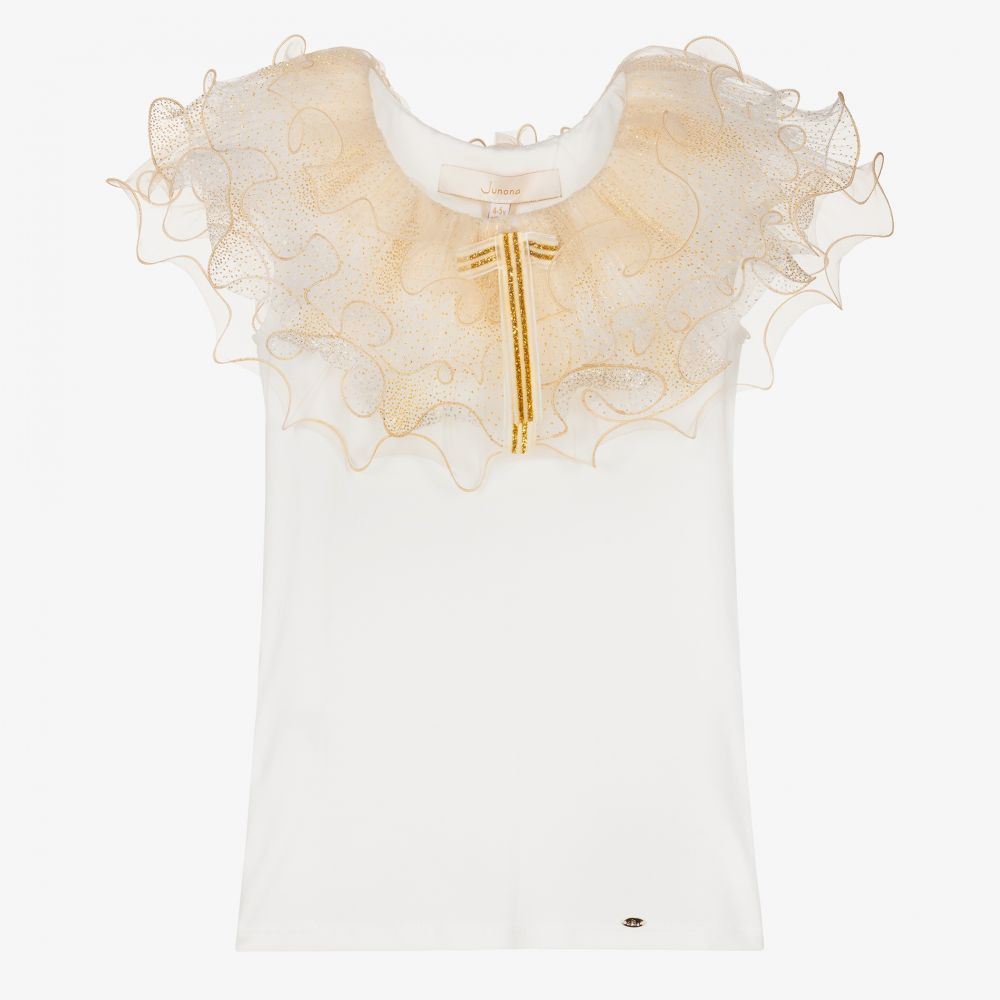Junona - White & Gold Ruffle T-Shirt | Childrensalon