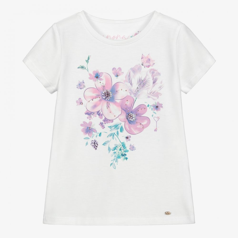 Junona - T-Shirt mit Blumen in Weiß und Violett  | Childrensalon