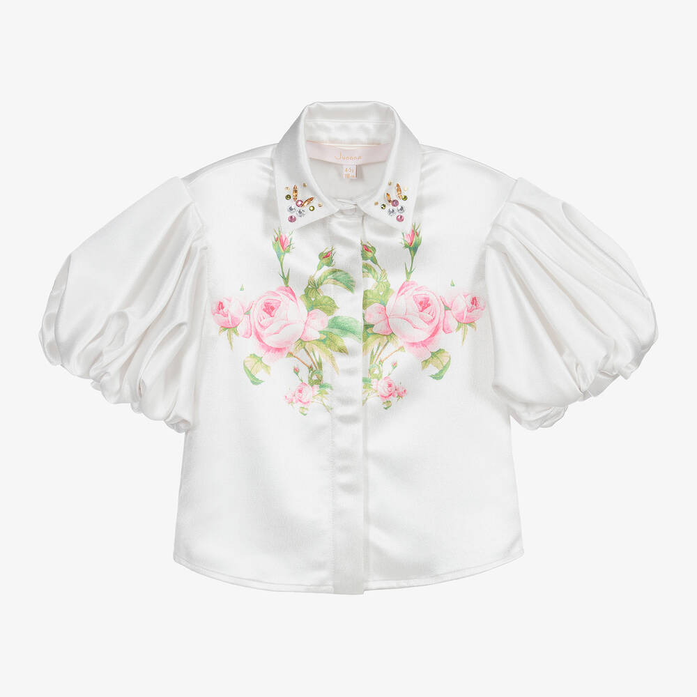 Junona - White Satin Floral Blouse | Childrensalon