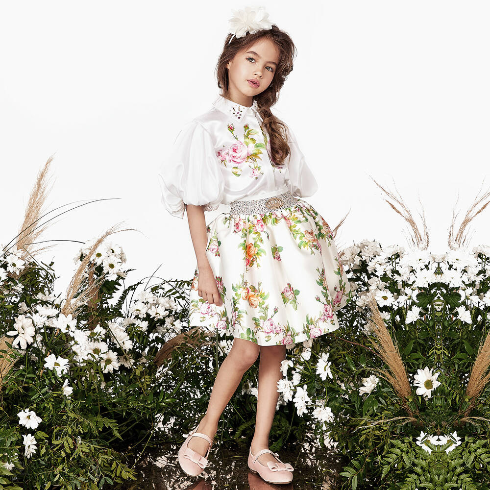 Junona-White Satin Floral Blouse | Childrensalon Outlet