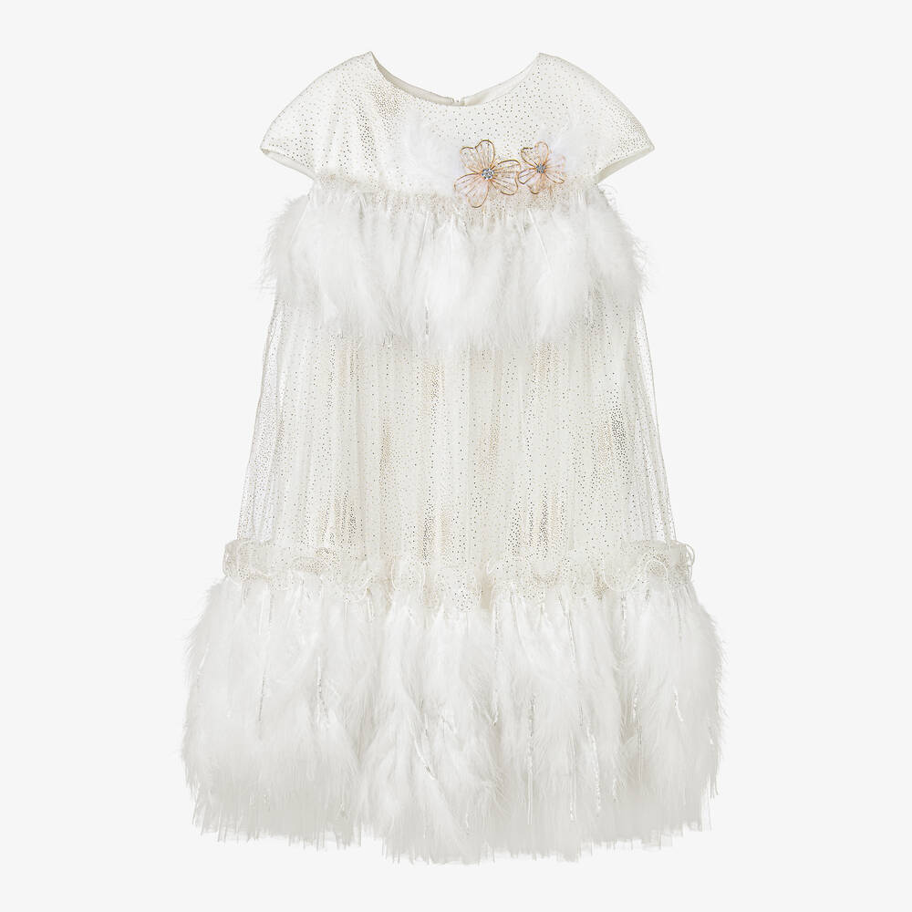 Junona - White Tulle & Feather Dress  | Childrensalon