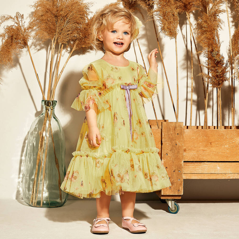 Junona-Yellow Floral Tulle Dress | Childrensalon Outlet