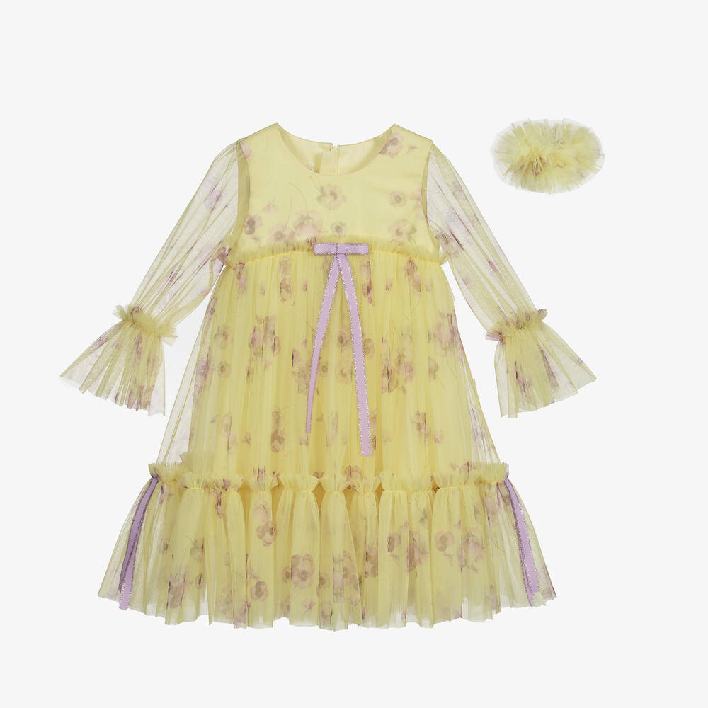 Junona - Желтое платье из тюля с цветочным рисунком | Childrensalon