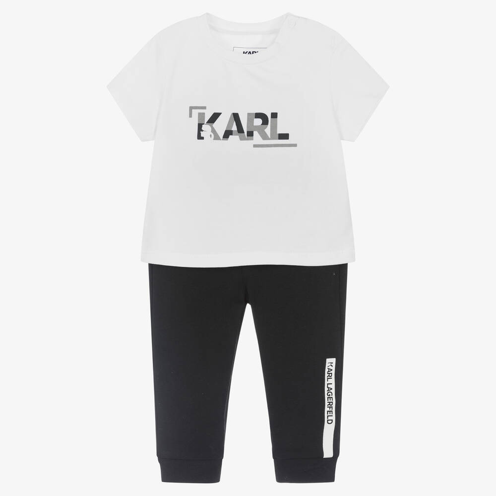 KARL LAGERFELD KIDS - طقم بنطلون قطن جيرسي لون أبيض وأسود للمواليد | Childrensalon