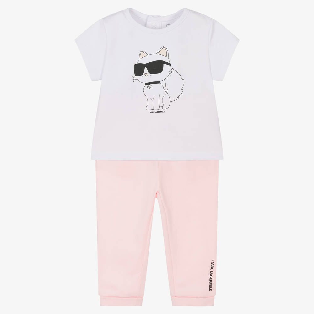 KARL LAGERFELD KIDS - Baby Girls White & Pink Choupette Trouser Set | Childrensalon