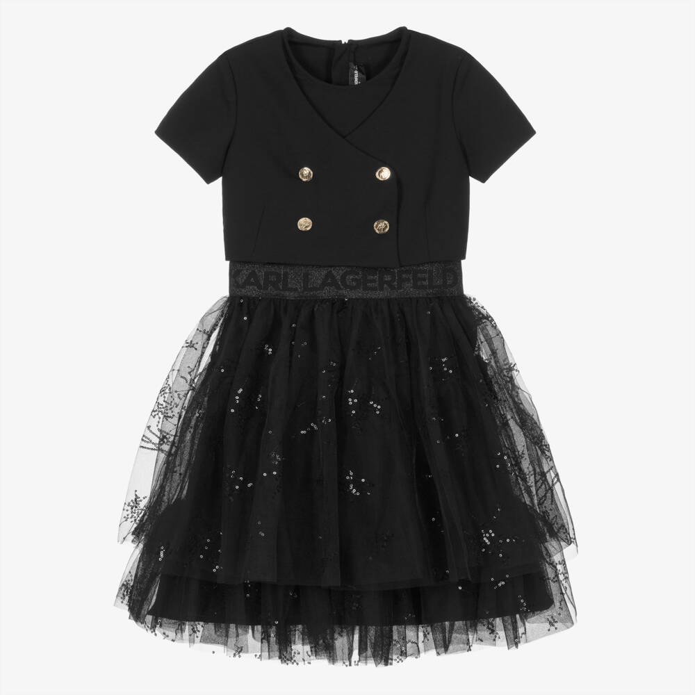 KARL LAGERFELD KIDS-Black Bi-material & Gold Buttons Ss Dress | Childrensalon Outlet
