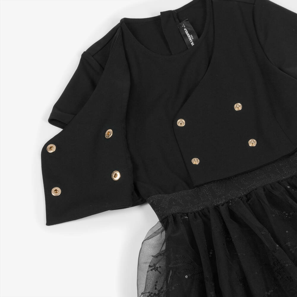 KARL LAGERFELD KIDS-Black Bi-material & Gold Buttons Ss Dress | Childrensalon Outlet