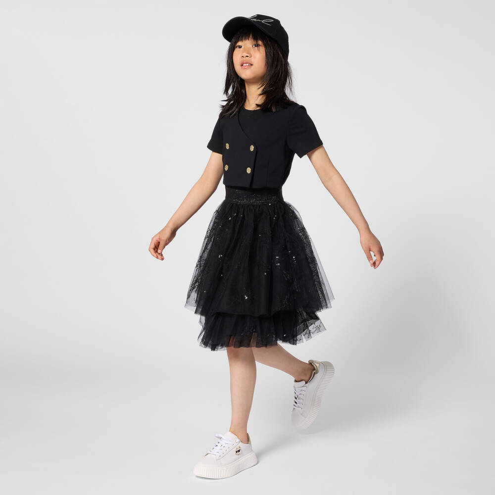 KARL LAGERFELD KIDS-Black Bi-material & Gold Buttons Ss Dress | Childrensalon Outlet