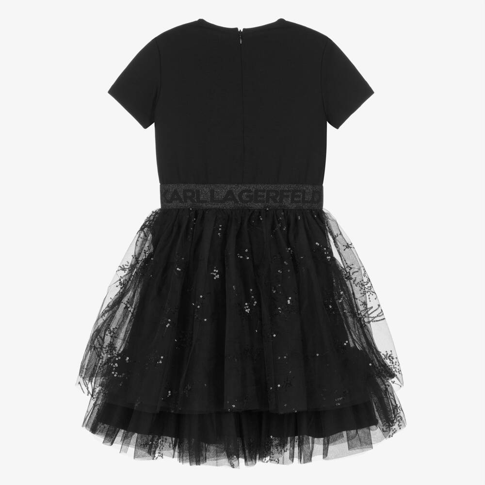 KARL LAGERFELD KIDS-Black Bi-material & Gold Buttons Ss Dress | Childrensalon Outlet