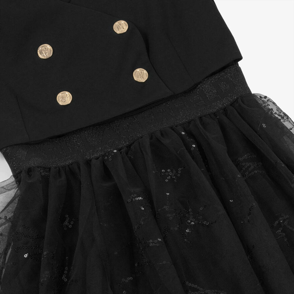 KARL LAGERFELD KIDS-Black Bi-material & Gold Buttons Ss Dress | Childrensalon Outlet