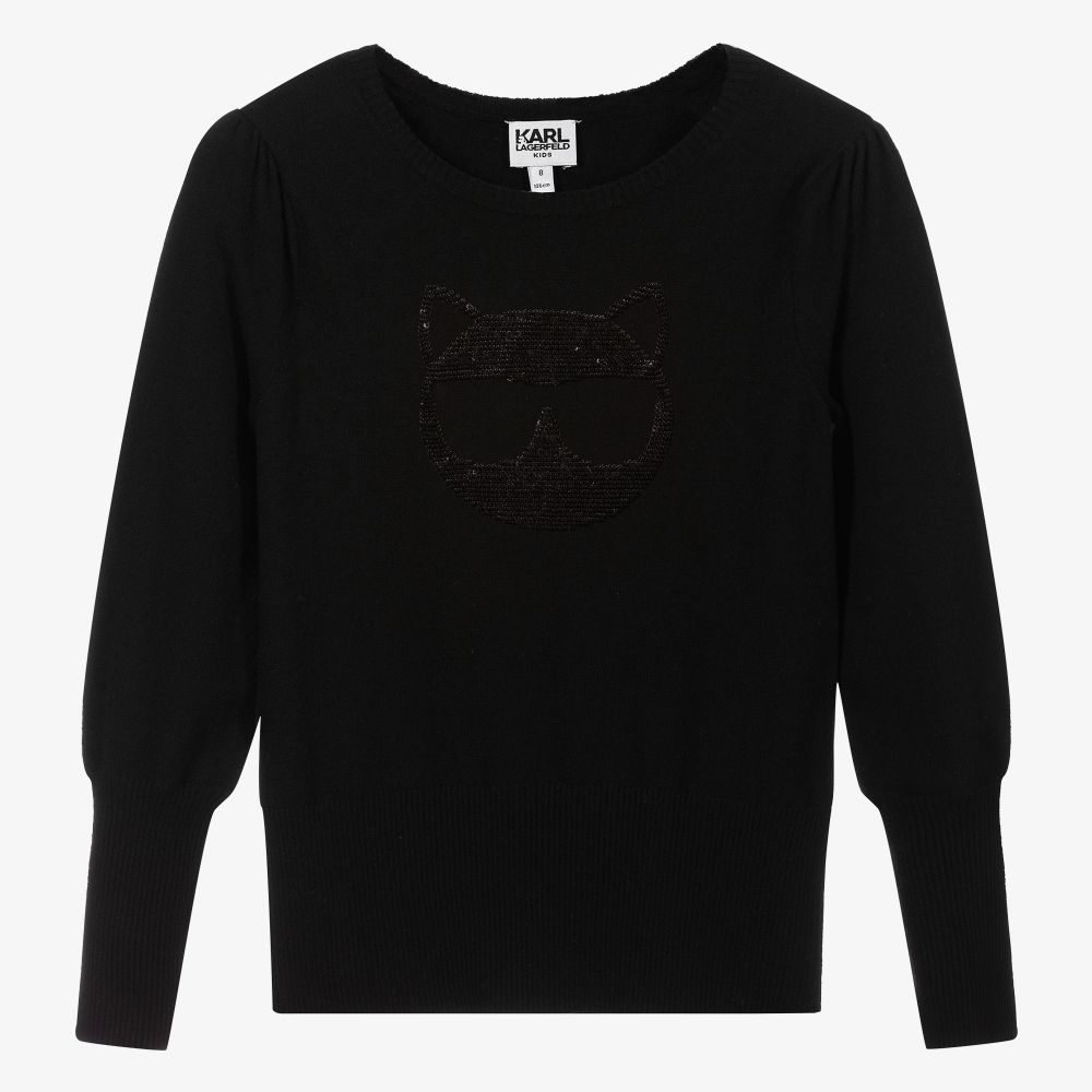 KARL LAGERFELD KIDS-كنزة فيسكوز محبوك لون أسود مزينة بترتر للبنات | Childrensalon Outlet