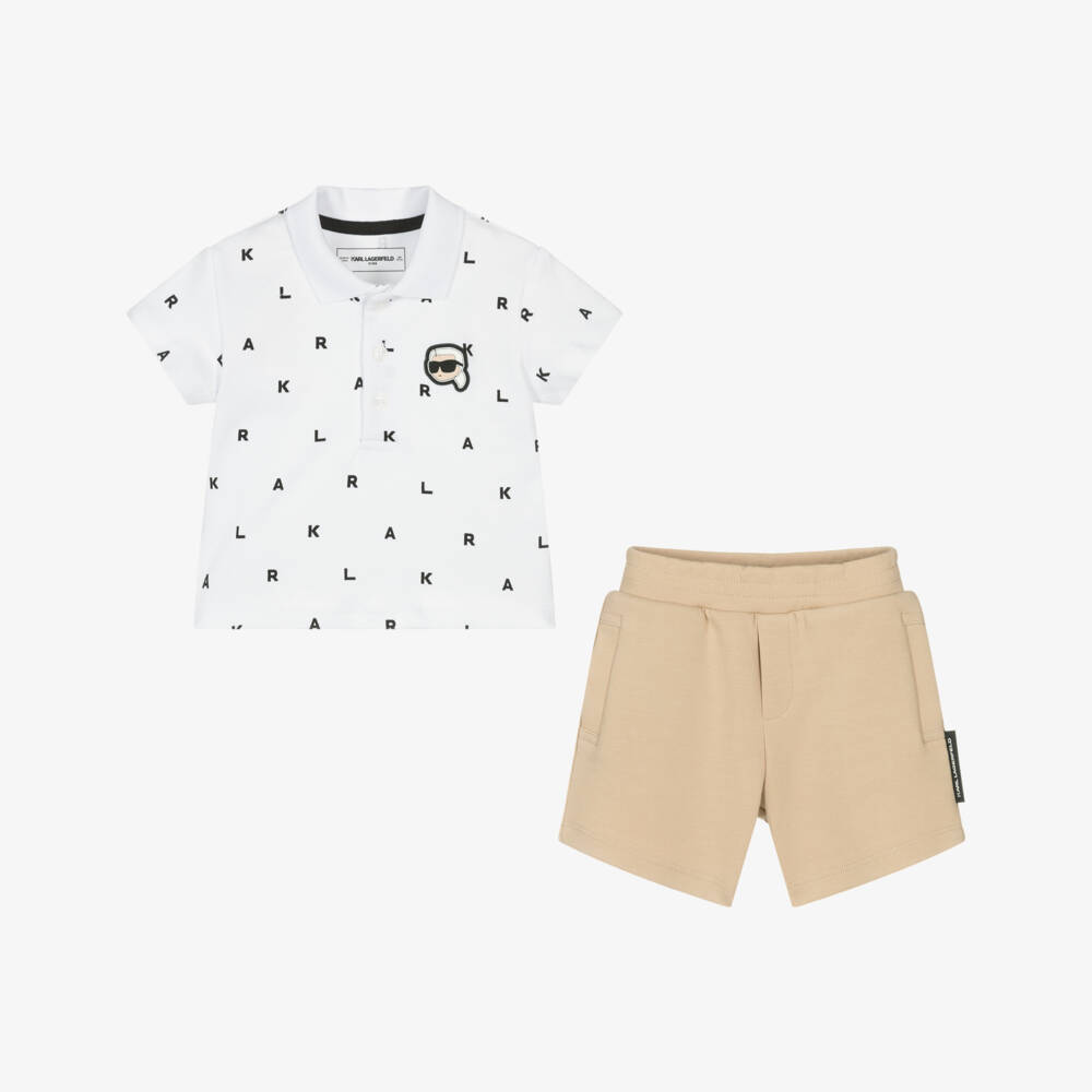 KARL LAGERFELD KIDS-Boys Beige & White Iconic Short Set | Childrensalon Outlet