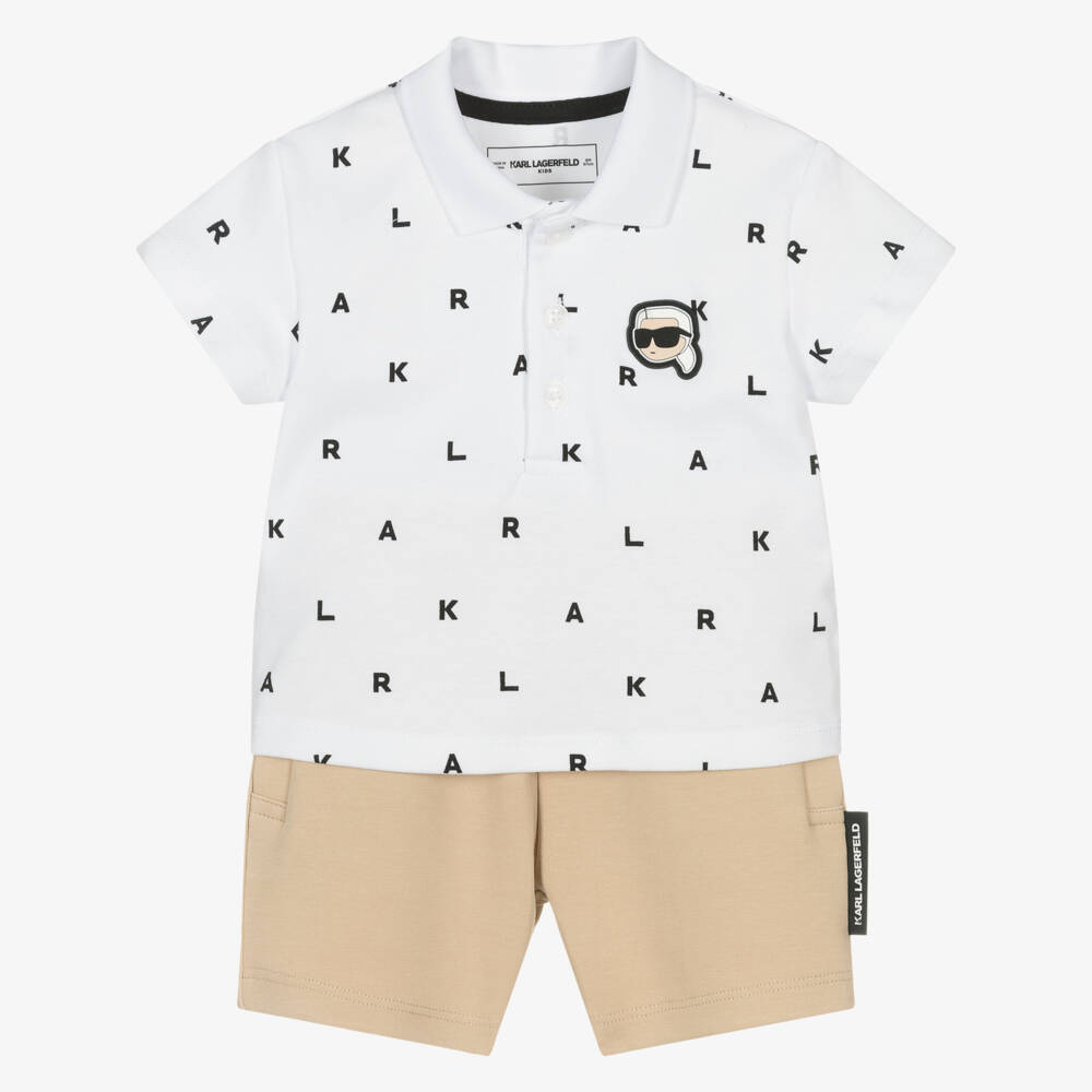 KARL LAGERFELD KIDS-Boys Beige & White Iconic Short Set | Childrensalon Outlet