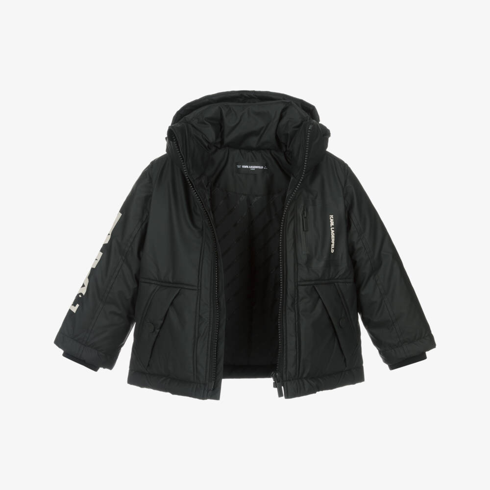 KARL LAGERFELD KIDS-Boys Black Hooded Jacket with Ribbed Cuffs | Childrensalon Outlet