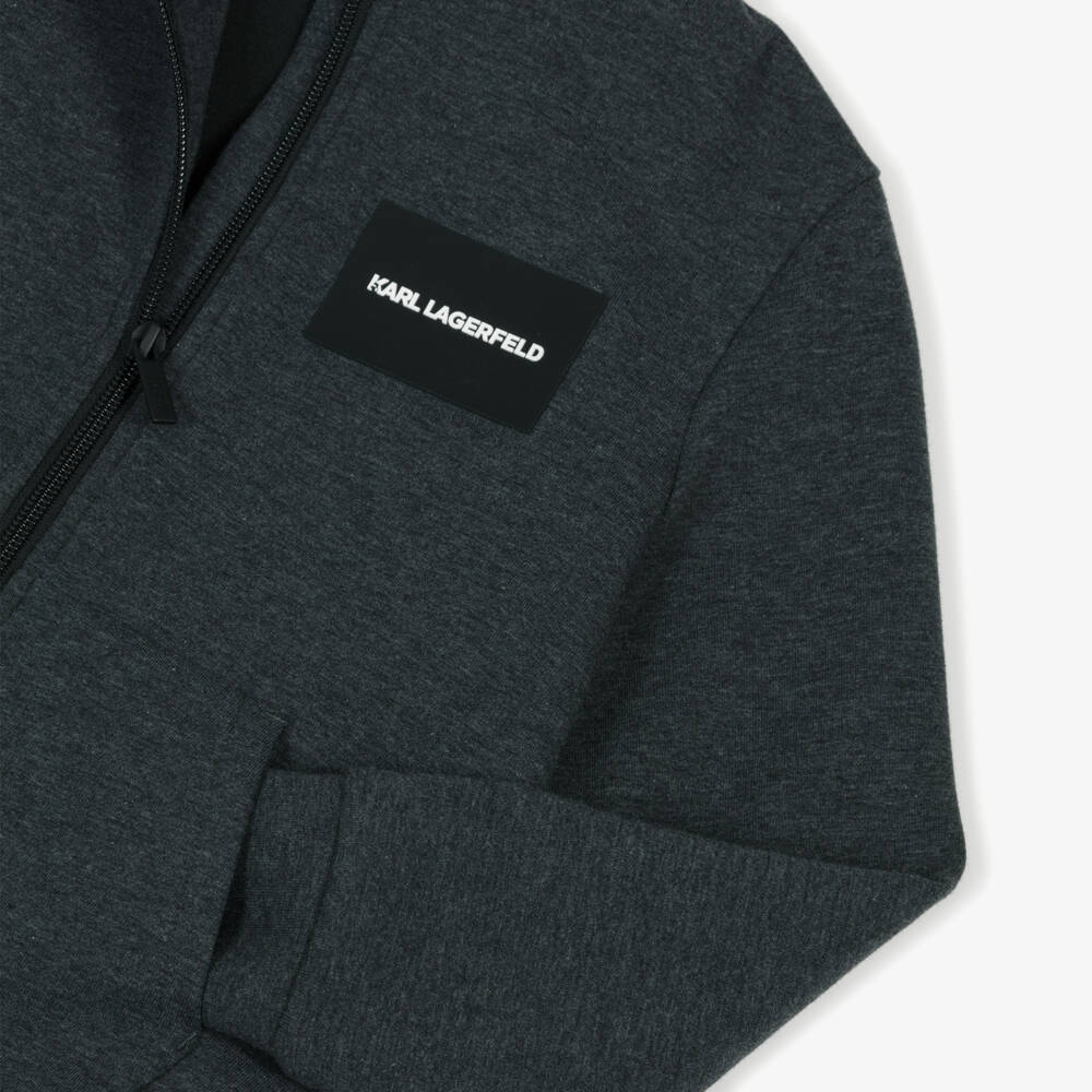 KARL LAGERFELD KIDS-جاكيت بغطاء رأس بسحاب للفتيان بلون الفحم | Childrensalon Outlet