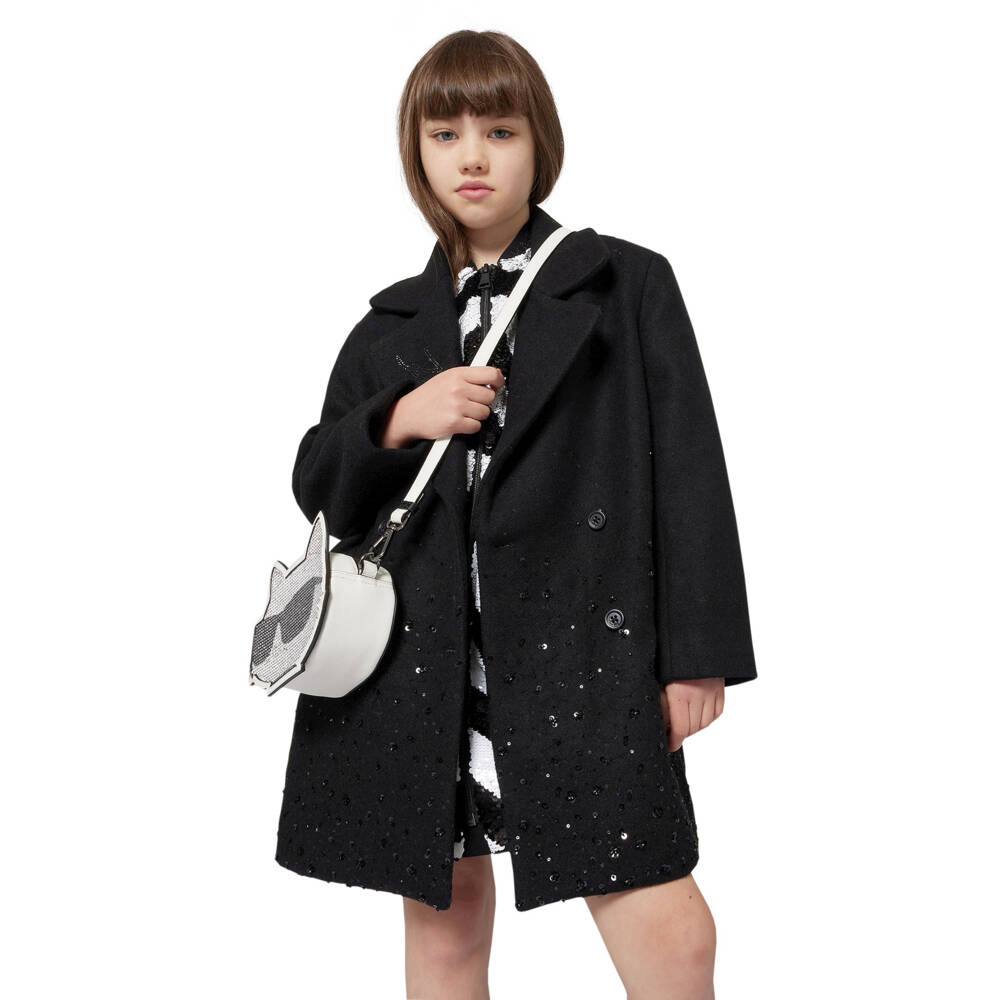 KARL LAGERFELD KIDS-Girls Black Beaded & Sequinned Wool-Blend Coat | Childrensalon Outlet