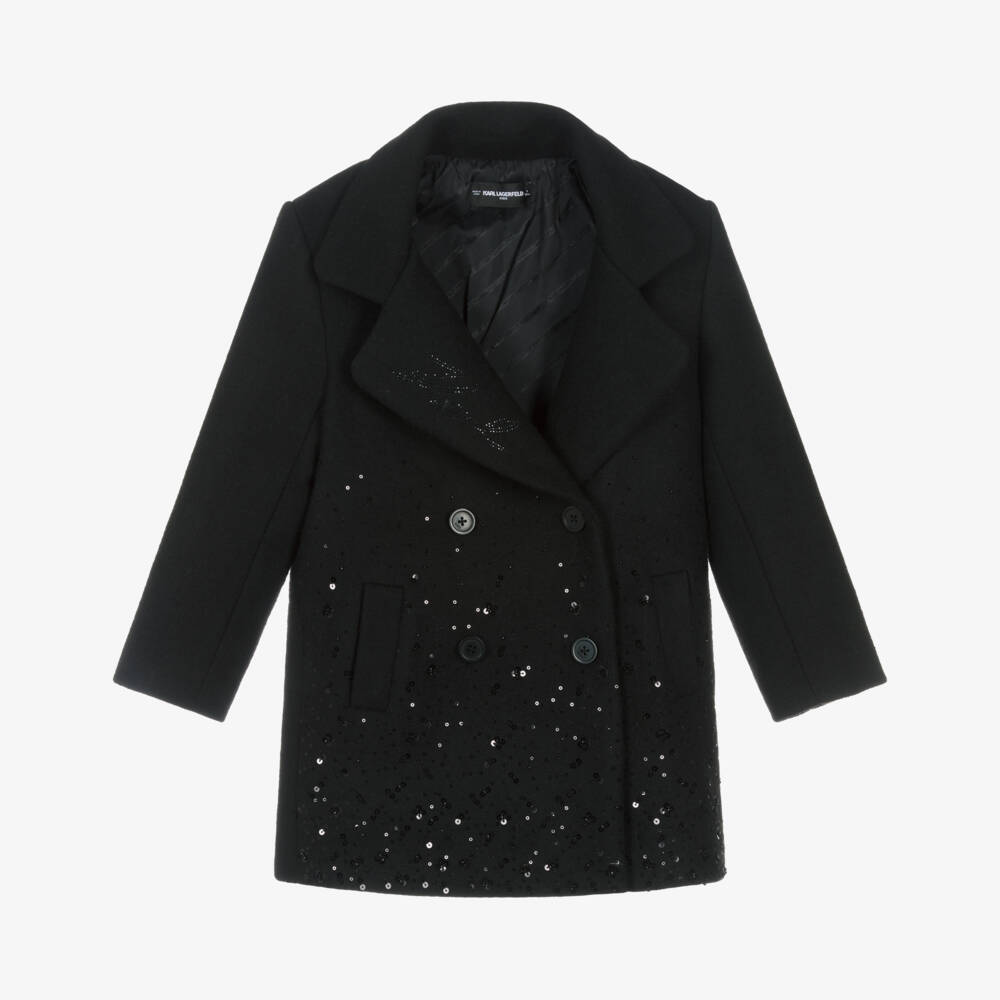 KARL LAGERFELD KIDS-Girls Black Beaded & Sequinned Wool-Blend Coat | Childrensalon Outlet