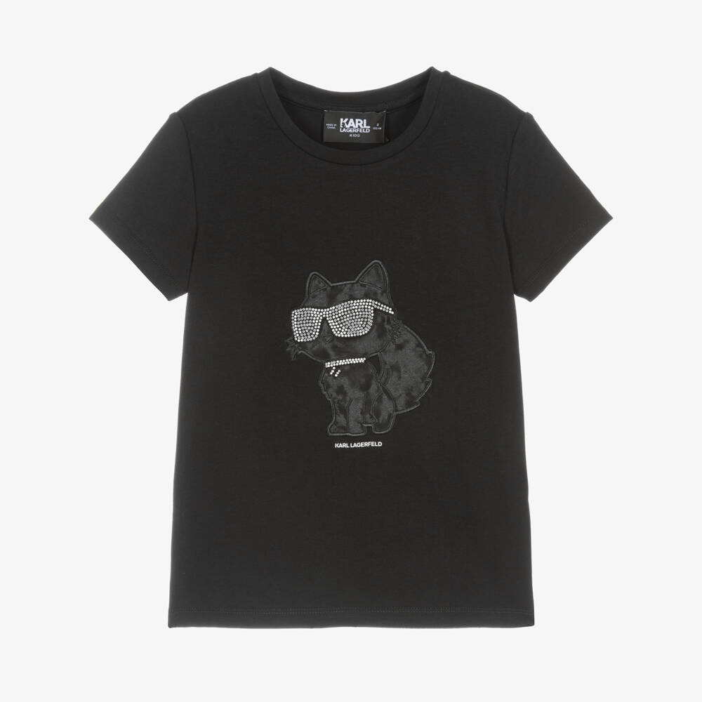 KARL LAGERFELD KIDS-تيشيرت قطني أسود للبنات مزين برسمة قطة | Childrensalon Outlet
