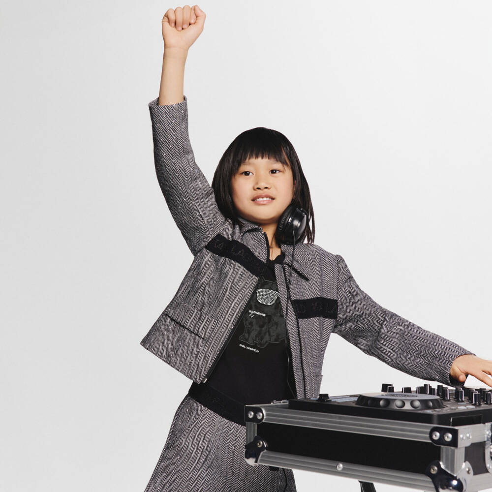 KARL LAGERFELD KIDS-تيشيرت قطني أسود للبنات مزين برسمة قطة | Childrensalon Outlet