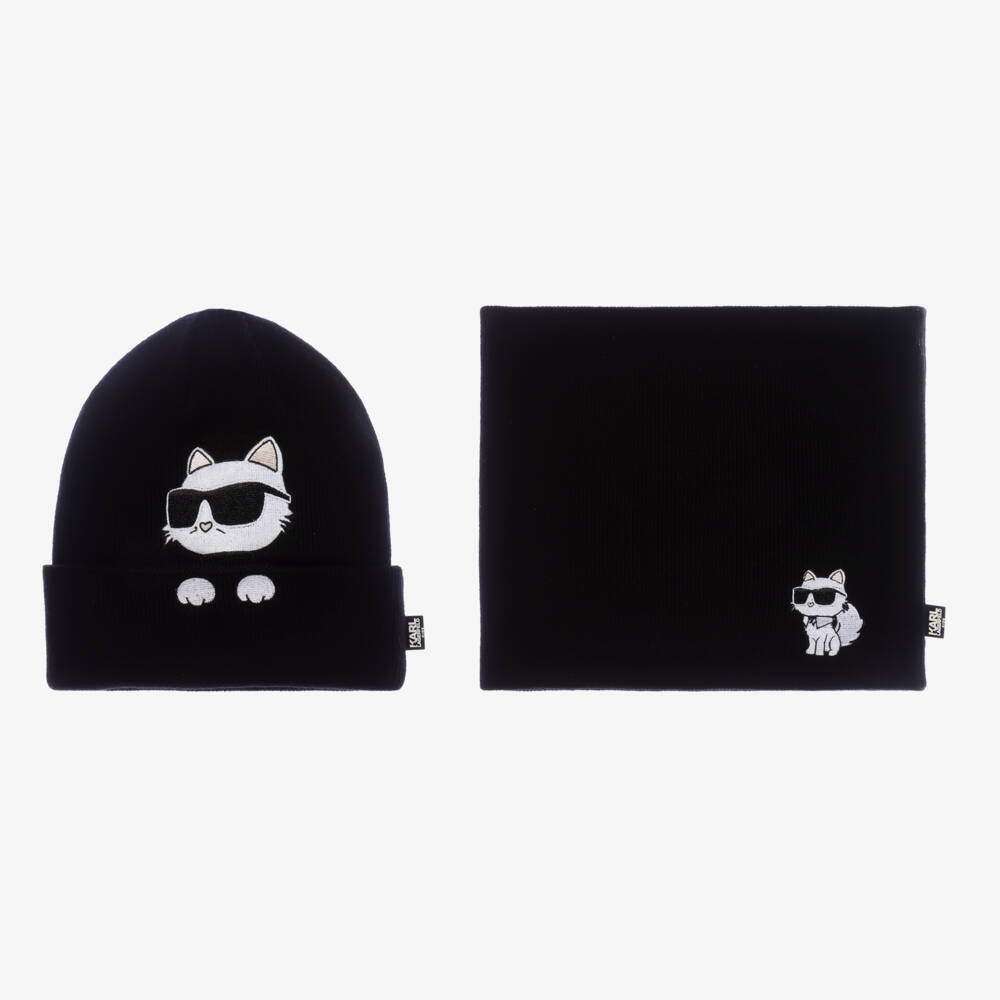 KARL LAGERFELD KIDS-طقم قبعة وسنود شوبيت قطن لون أسود للبنات | Childrensalon Outlet