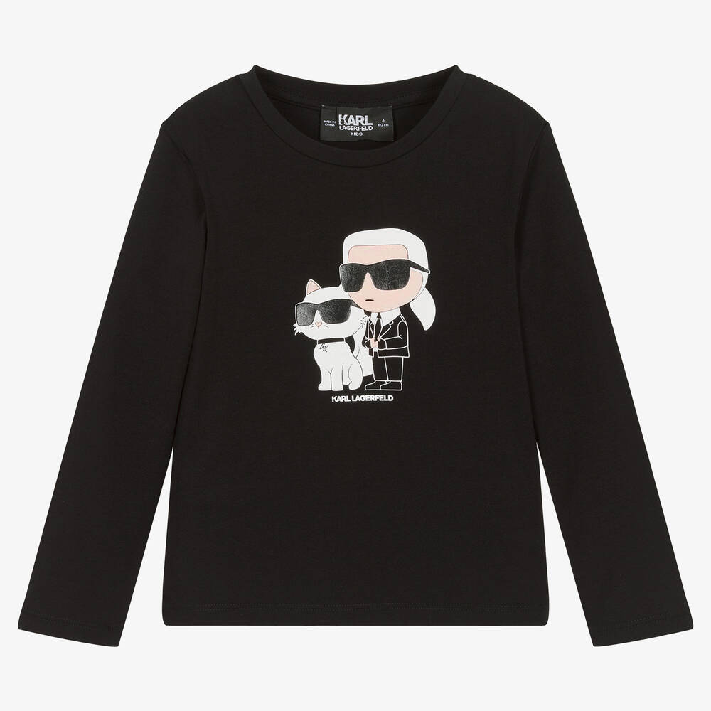 KARL LAGERFELD KIDS - Черный хлопковый топ с Карлом и Шупетт | Childrensalon