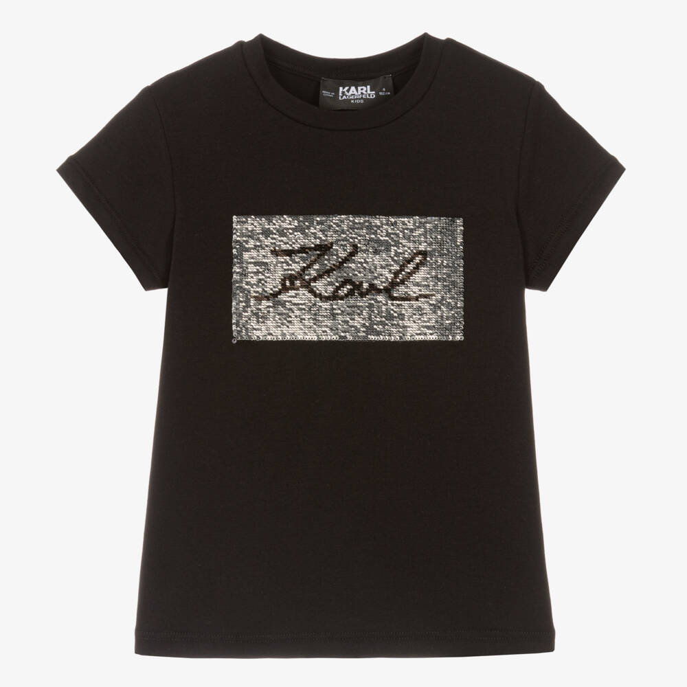 KARL LAGERFELD KIDS-Girls Black Cotton Logo Tee | Childrensalon Outlet