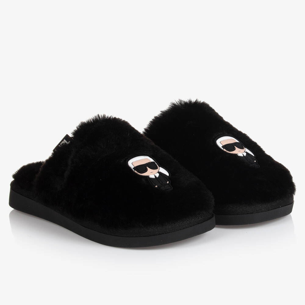 KARL LAGERFELD KIDS - Girls Black Faux Fur Slippers | Childrensalon