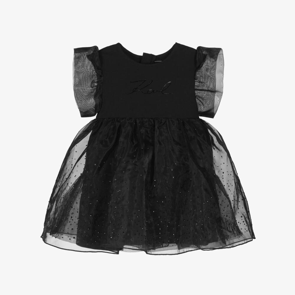 KARL LAGERFELD KIDS-Girls Black Jersey & Organza Dress with Rhinestones | Childrensalon Outlet