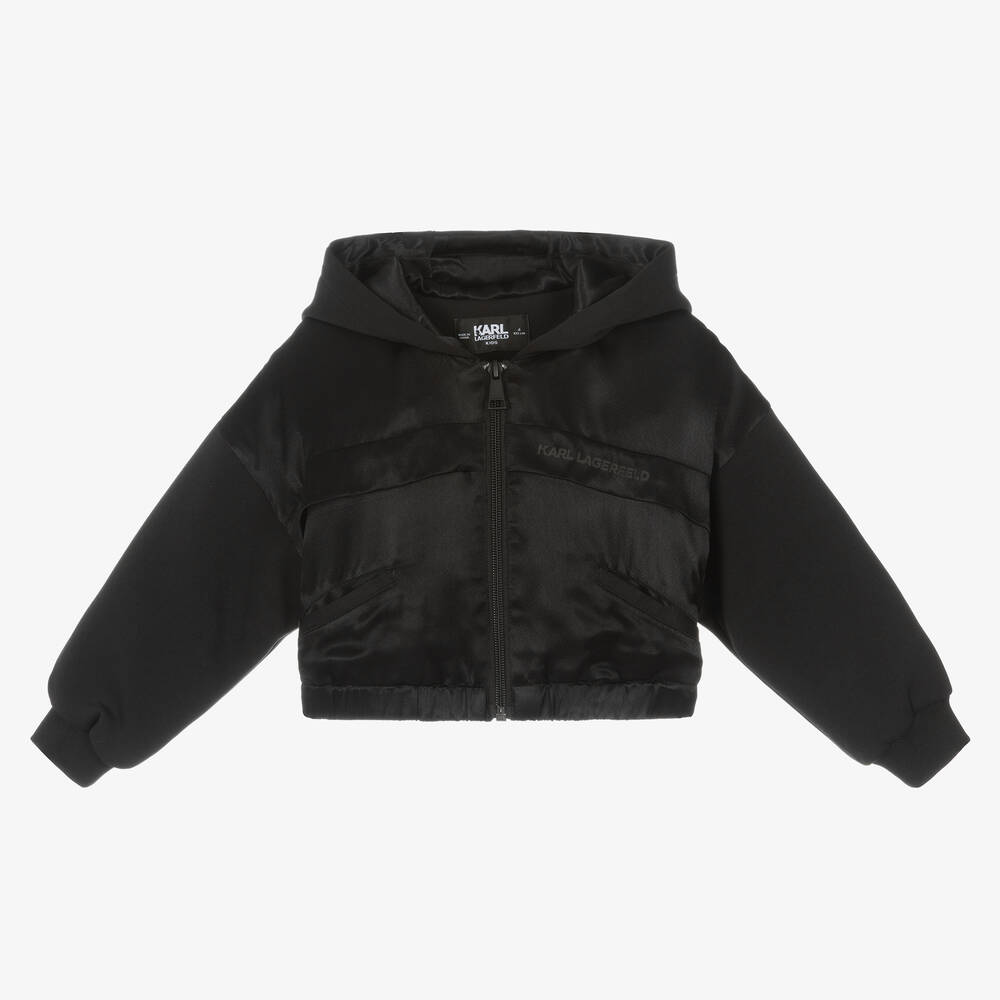 KARL LAGERFELD KIDS - Girls Black Jersey & Satin Zip-Up Hoodie | Childrensalon