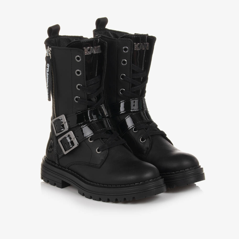 KARL LAGERFELD KIDS - Schwarze Schnürstiefel aus Leder für Mädchen | Childrensalon