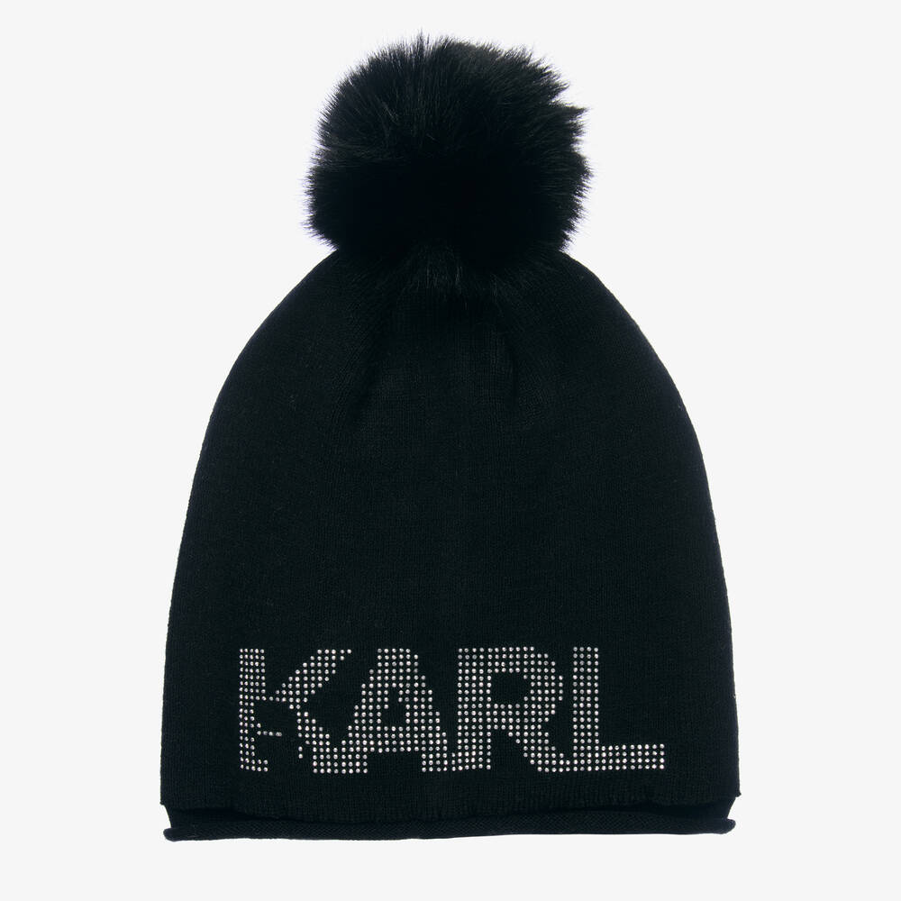 KARL LAGERFELD KIDS - Girls Black Logo Pom-Pom Hat | Childrensalon