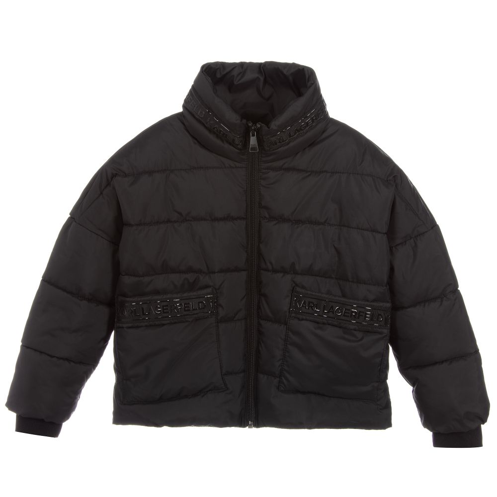 KARL LAGERFELD KIDS - Черная куртка-пуховик с логотипом для девочек | Childrensalon