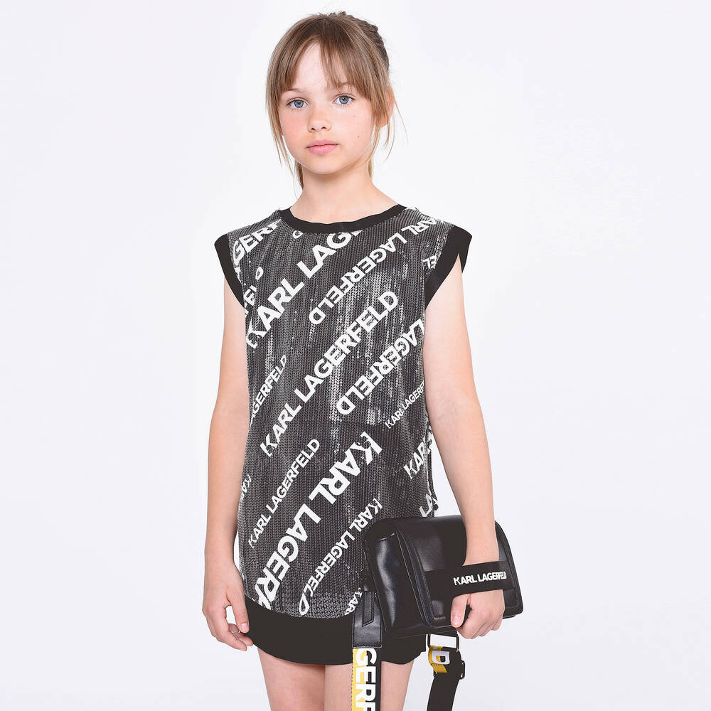 KARL LAGERFELD KIDS-Girls Black Logo Sequinned Dress | Childrensalon Outlet