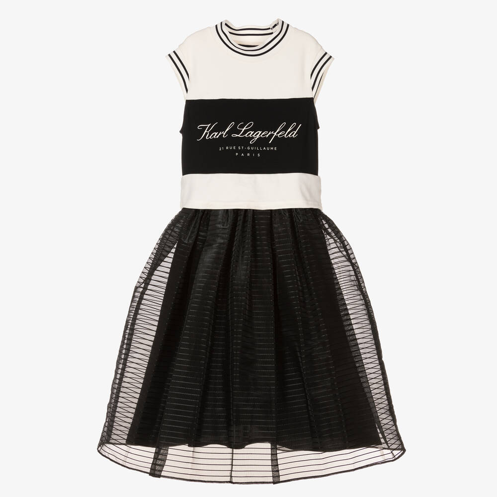 KARL LAGERFELD KIDS-Girls Black Milano Jersey & Organza Dress | Childrensalon Outlet