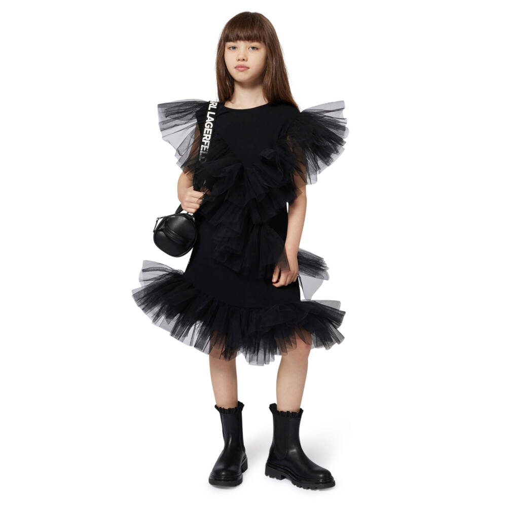 KARL LAGERFELD KIDS-Girls Black Milano Jersey & Tulle Ruffle Dress | Childrensalon Outlet