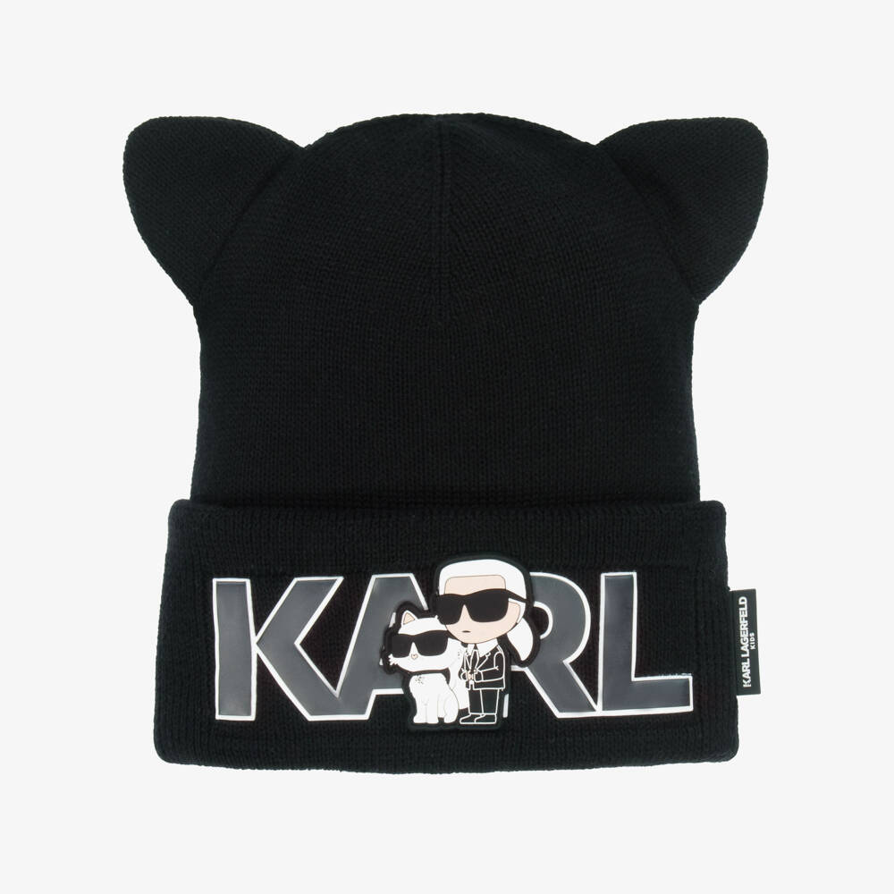 KARL LAGERFELD KIDS-قبعة بنات سوداء مرحة محبوكة | Childrensalon Outlet