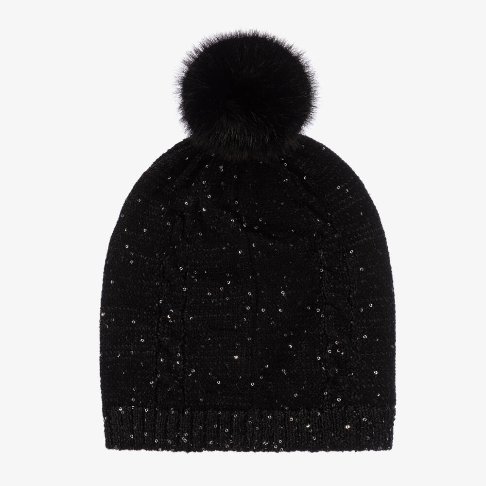 KARL LAGERFELD KIDS-Girls Black Sequin Pom-Pom Hat | Childrensalon Outlet