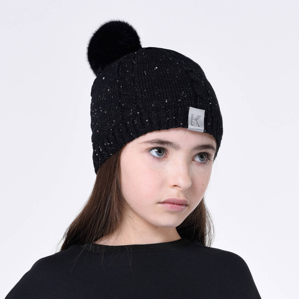 KARL LAGERFELD KIDS-Girls Black Sequin Pom-Pom Hat | Childrensalon Outlet