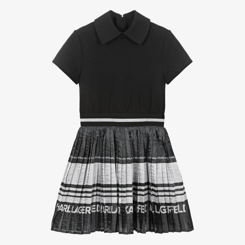 KARL LAGERFELD KIDS-Girls Black & Silver Pleated Logo Dress | Childrensalon Outlet