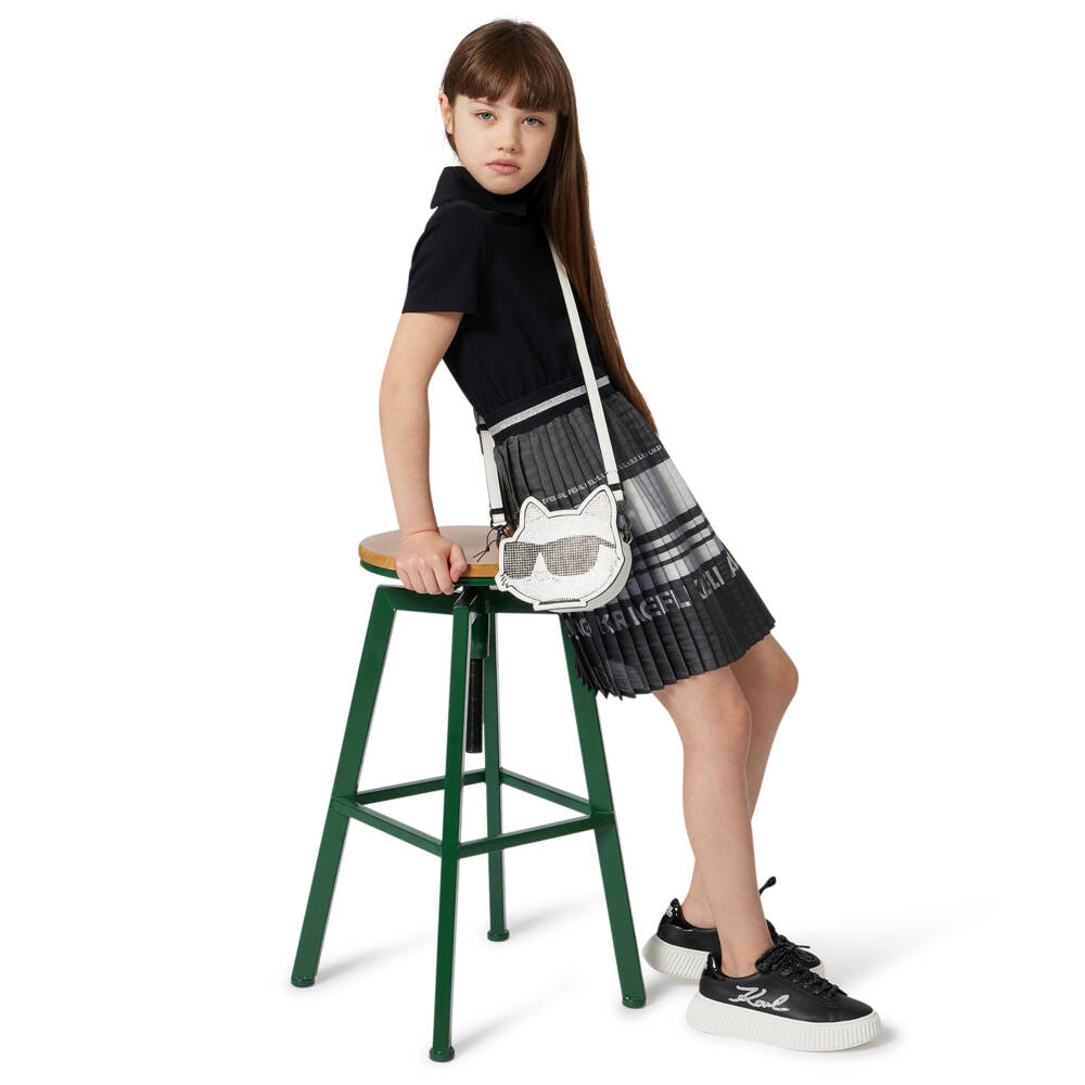 KARL LAGERFELD KIDS-Girls Black & Silver Pleated Logo Dress | Childrensalon Outlet