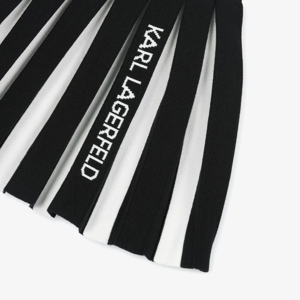 KARL LAGERFELD KIDS-Girls Black & White Striped Pleated Knit Skirt with Logo | Childrensalon Outlet
