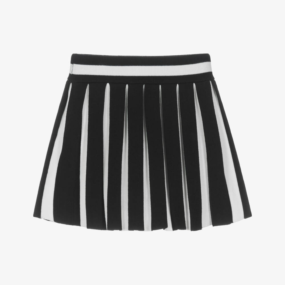 KARL LAGERFELD KIDS-Girls Black & White Striped Pleated Knit Skirt with Logo | Childrensalon Outlet