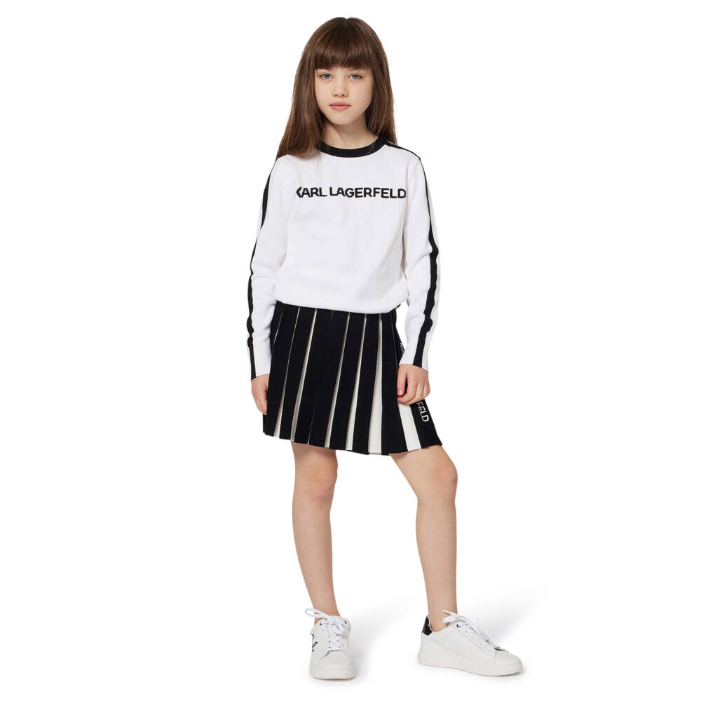 KARL LAGERFELD KIDS-Girls Black & White Striped Pleated Knit Skirt with Logo | Childrensalon Outlet