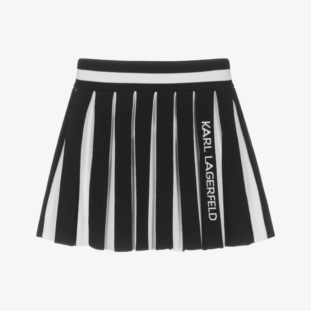 KARL LAGERFELD KIDS-Girls Black & White Striped Pleated Knit Skirt with Logo | Childrensalon Outlet