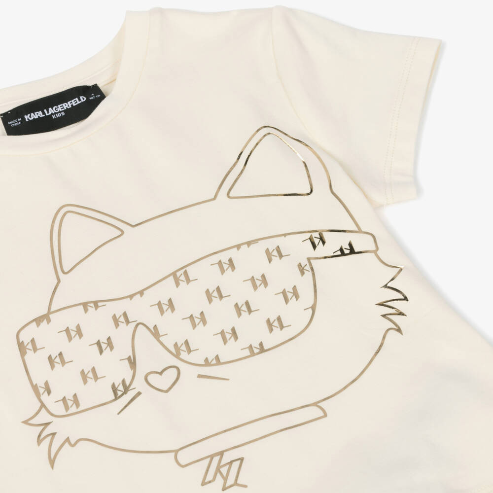 KARL LAGERFELD KIDS-Girls Creamy Cotton Tee with Metallic Motif | Childrensalon Outlet