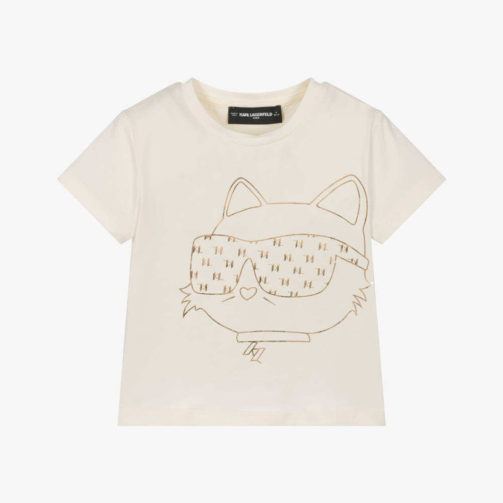 KARL LAGERFELD KIDS-تيشيرت قطني كريمي للبنات بزخرفة معدنية | Childrensalon Outlet